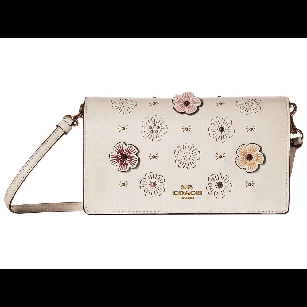Coach White Fold-over leather Clutch with Tea Rose